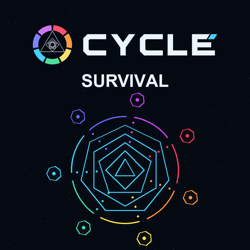 CYCLE : SURVIVAL — seven neon colors orbit a polygon